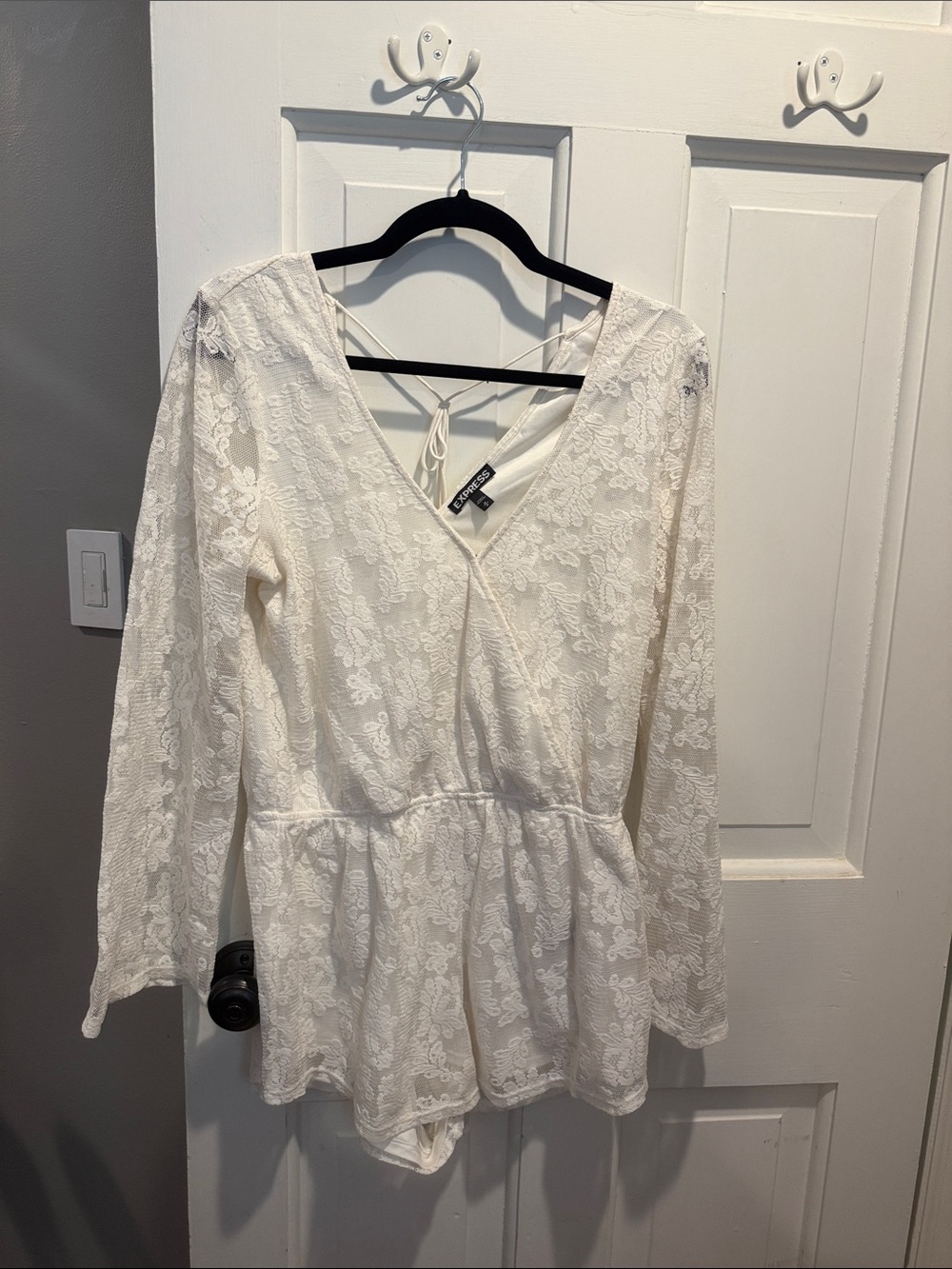 Express White Lace Surplice Long-Sleeve Bodysuit